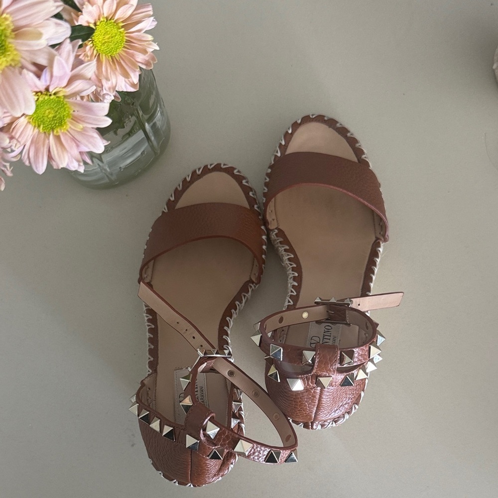 Valentino Brown Studded Women's Leather Ankle-Strap espadrillas wedge Sandal